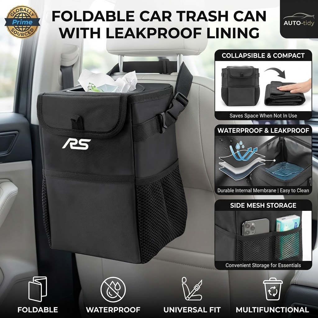 Waterproof Car Trash Can With Lid - 折りたたみ式で持ち運び可能な、漏れ防止・防水機能付きの車載用ゴミ箱。フォーカスSTライン、クーガ、フィエスタハイブリッド、トランジット、エコブースト、ブロンコに対応。