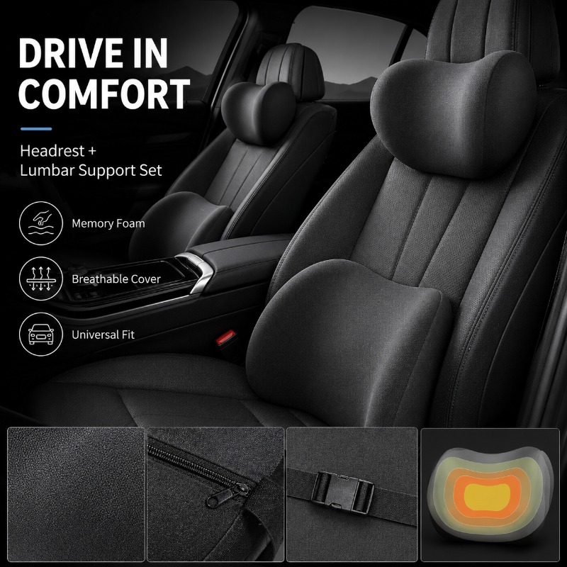 Memory Foam Car Neck Pillow Lumbar Support - 車用ヘッドレストネックピローとランバーサポートクッションセット、メモリーフォーム背中腰枕、自動車シート運転時の快適性向上用