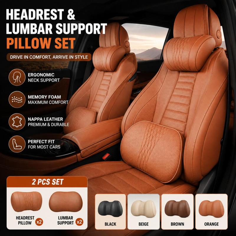 Memory Foam Car Neck Pillow Lumbar Support - 車用ヘッドレストネックピロー、メモリーフォームランバーサポートクッション、ナッパレザー人間工学に基づいたカーシートバックサポート、インテリアアクセサリー
