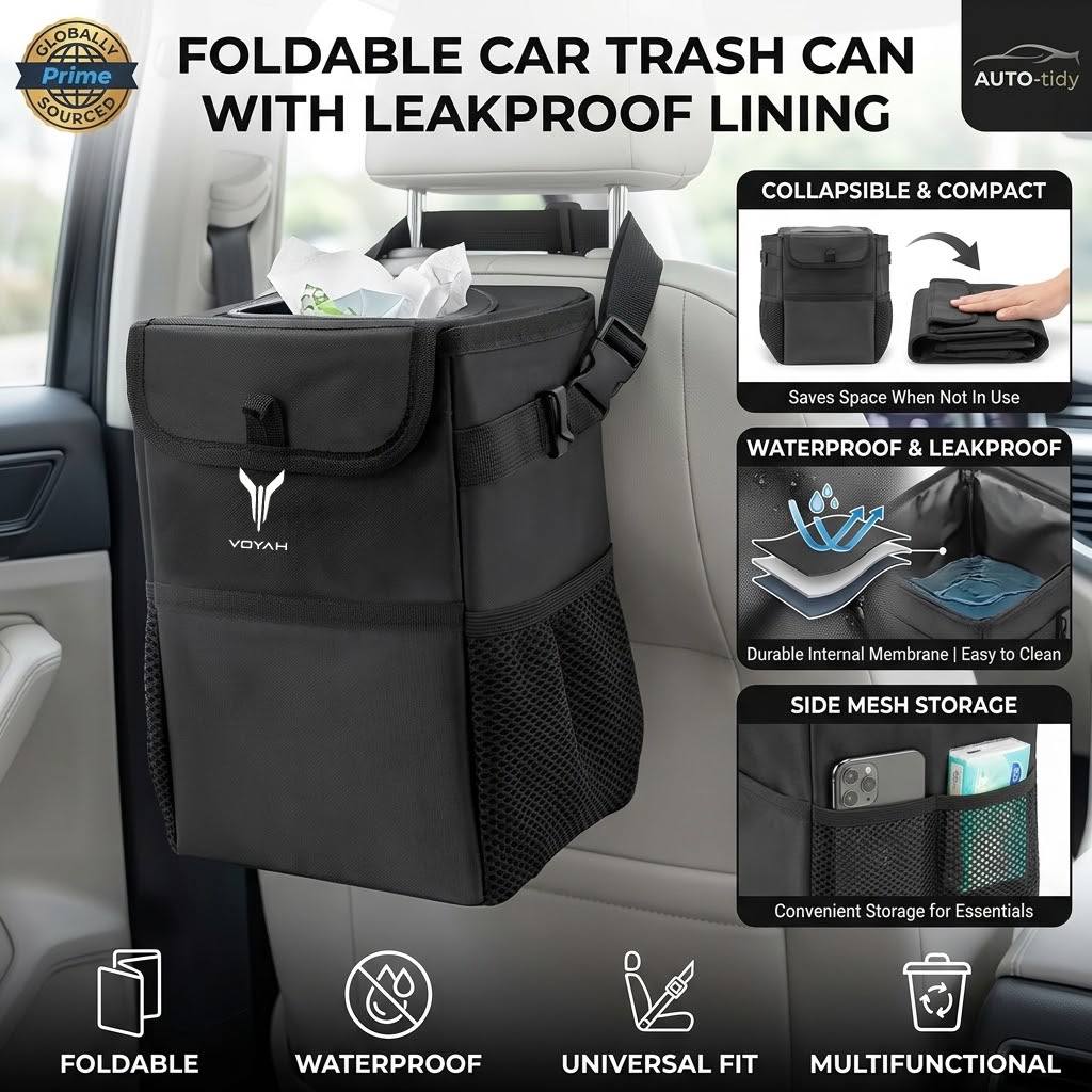 Waterproof Car Trash Can With Lid - 折りたたみ式で持ち運び可能、漏れ防止・防水機能付きの蓋が付いた、大容量の車載用ゴミ箱。東風汽車VOYAH FREE Dreamer PHEVに適合。