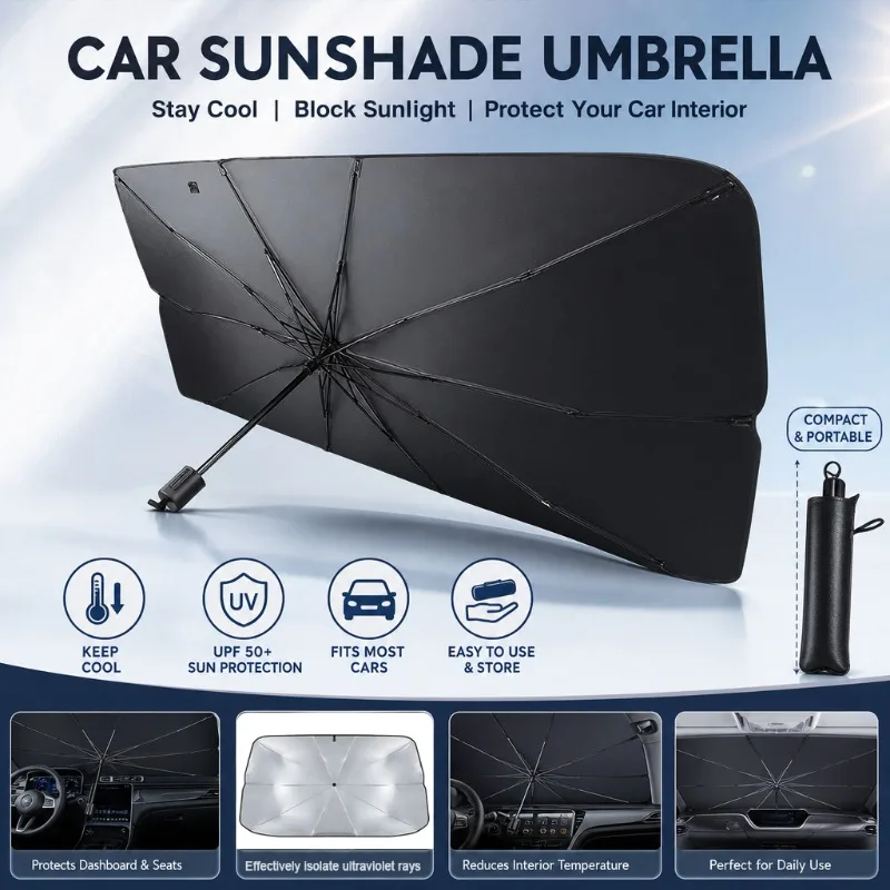 Car Sunshade Windshield Umbrella Foldable - 車のフロントガラス用サンシェード傘 折りたたみ式日よけカバー UVカット バイザー 断熱プロテクター フロントウィンドウ
