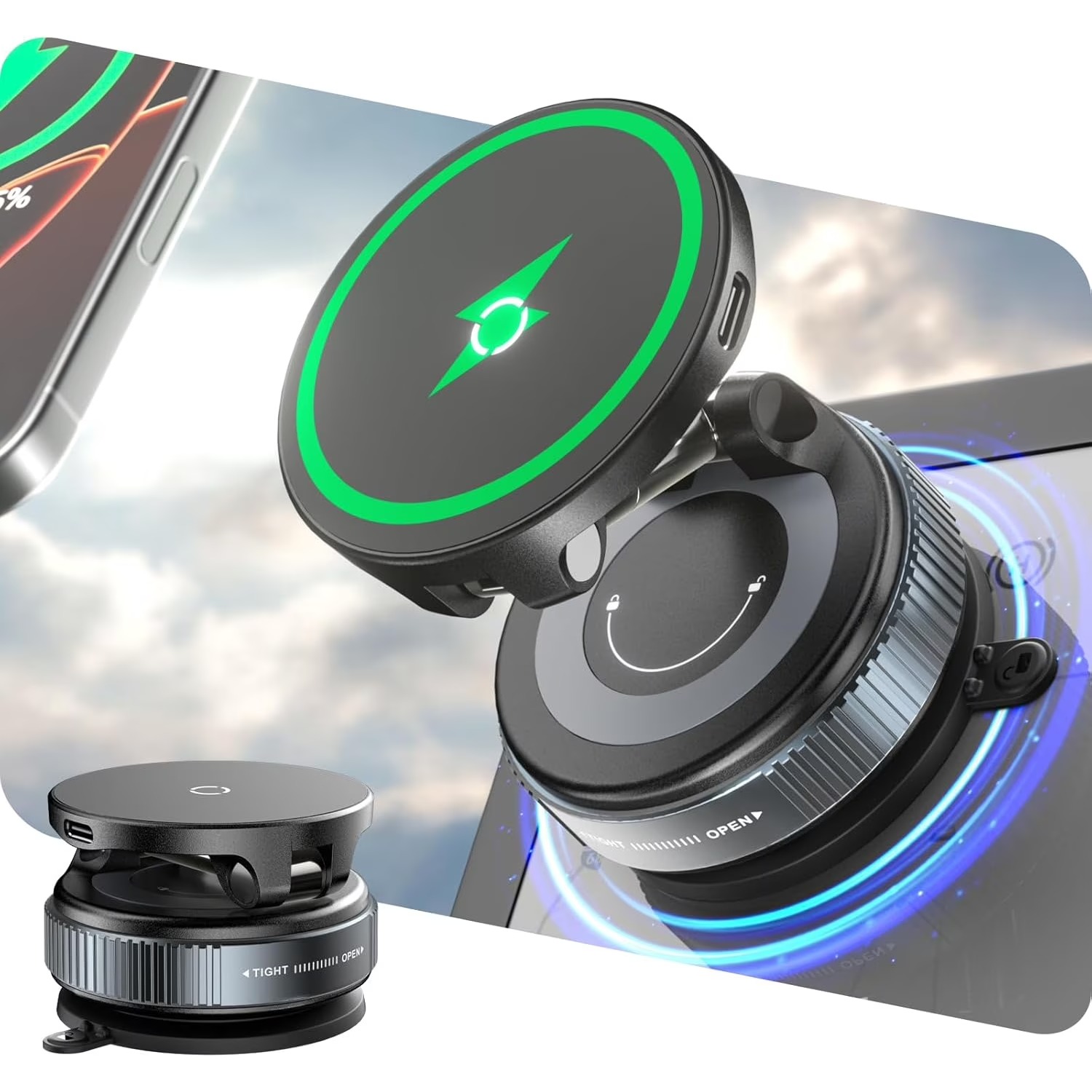 Wireless Car Charger Mount Fast Charging - 15W ワイヤレス急速充電器 車載ホルダー 真空吸着 360度回転 °