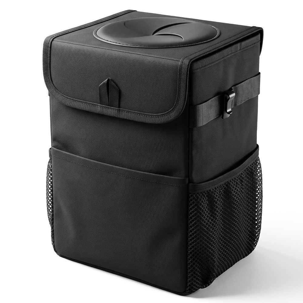 Waterproof Car Trash Can With Lid - 折りたたみ式の蓋付き車載用ゴミ箱。収納ポケット付き。吊り下げ式で、防水加工が施されており、車内での使用に最適。