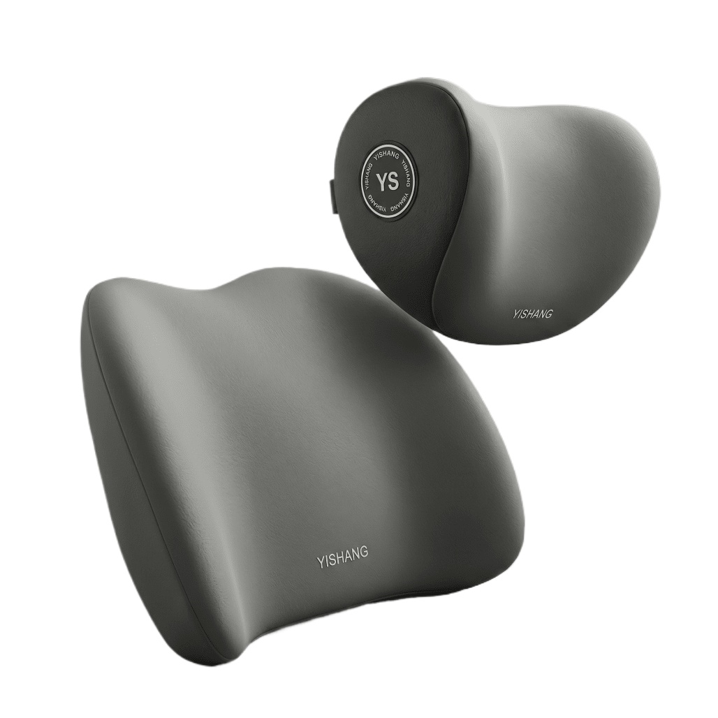 Memory Foam Car Neck Pillow Lumbar Support - カーヘッドレスト＆ランバーサポートクッション。人間工学に基づいた設計で、首や背中をサポート。整形外科的メモリーフォームを使用したヘッドレストと、腰をサポートするランバーサポートクッションのセット。運転席やオフィスチェアの背もたれとしても使用可能。