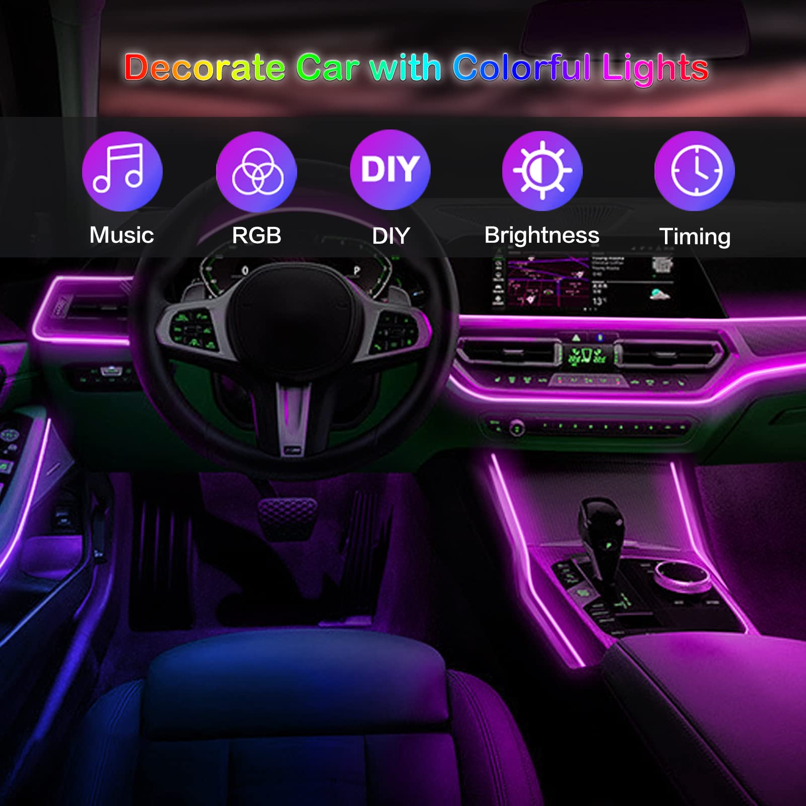 LED車内アンビエントストリップライト,RGB光ファイバー, - Led Ambient Interior Car Lights App Control のレビューと価格