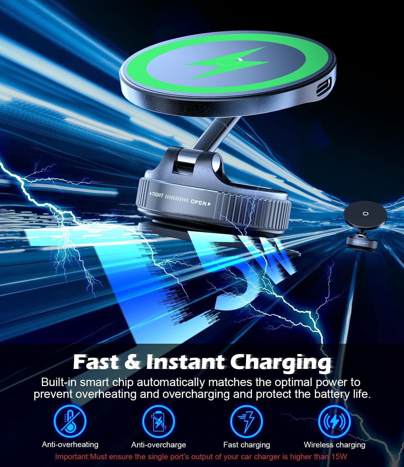 15W ワイヤレス急速充電器 車載ホルダー 真空吸着 360 - Wireless Car Charger Mount Fast Charging のレビューと価格